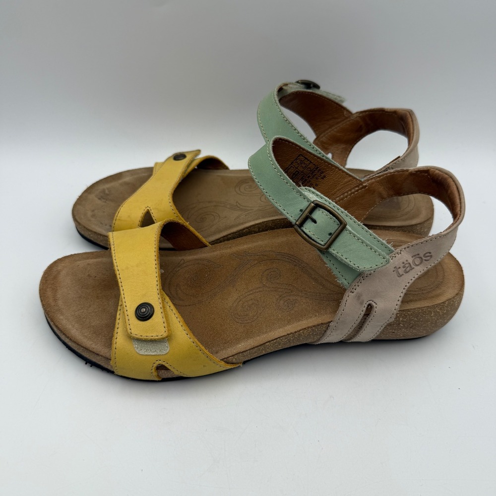 Taos Wedge Sandals Womens 8-8.5 Yellow Green Tan Leather Cork Strappy Spain